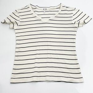 Three Dots Striped V-neck Top - cotton/modal bend - size medium